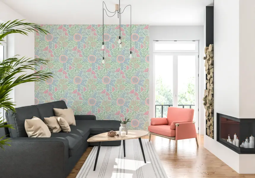 Buds and Blossom Floral Cottagecore Pastel Mint Green Wallpaper