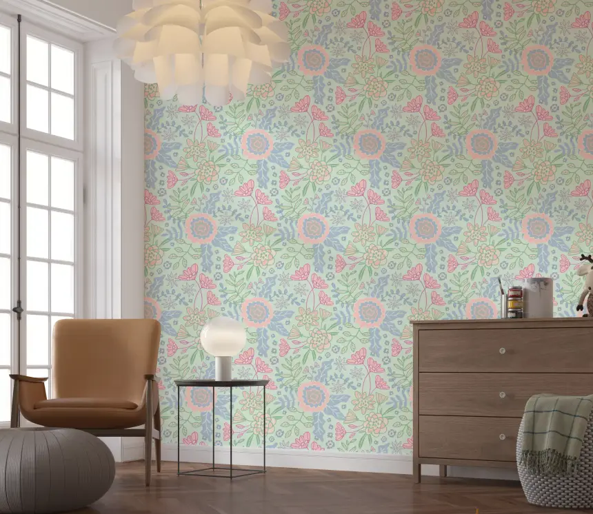 Buds and Blossom Floral Cottagecore Pastel Mint Green Wallpaper