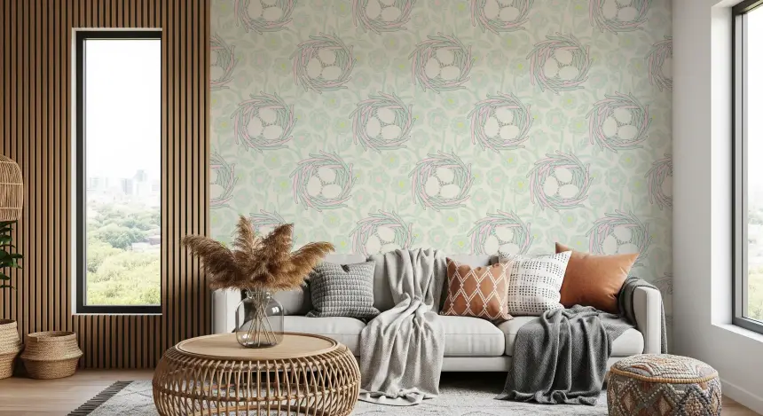 Cozy Nest Cottagecore Spring Floral Bird Eggs Pastel Mint White Wallpaper
