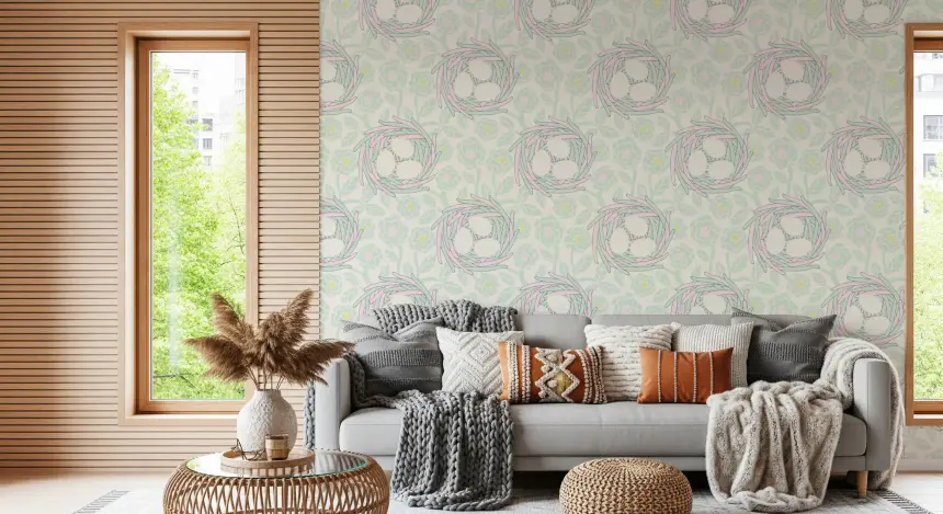 Cozy Nest Cottagecore Spring Floral Bird Eggs Pastel Mint White Wallpaper