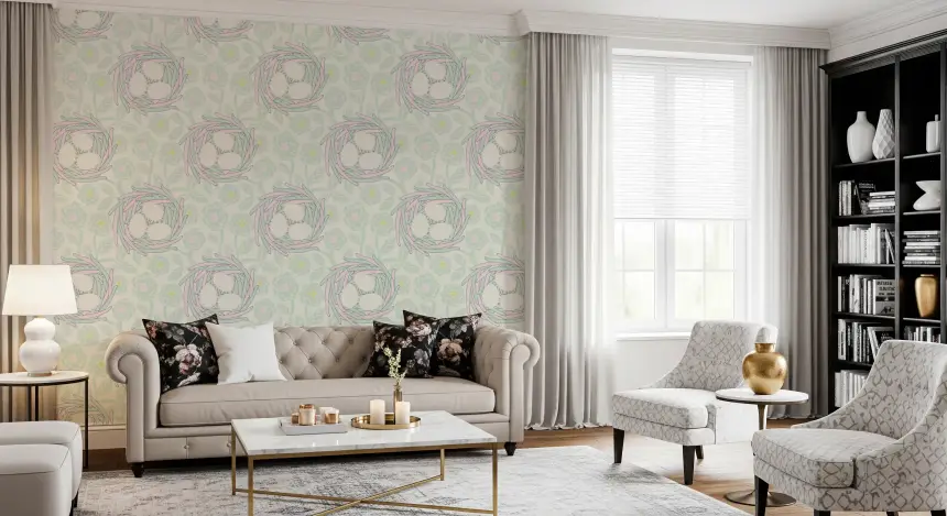 Cozy Nest Cottagecore Spring Floral Bird Eggs Pastel Mint White Wallpaper