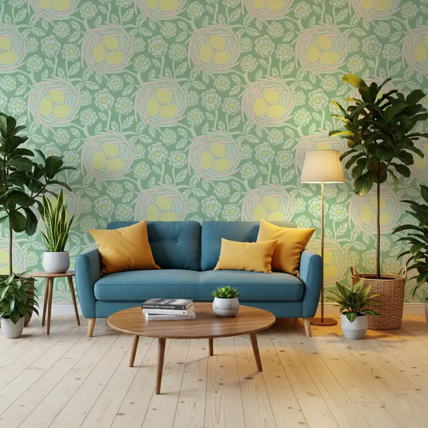 Cozy Nest Cottagecore Spring Floral Bird Eggs Pastel Yellow Green Wallpaper