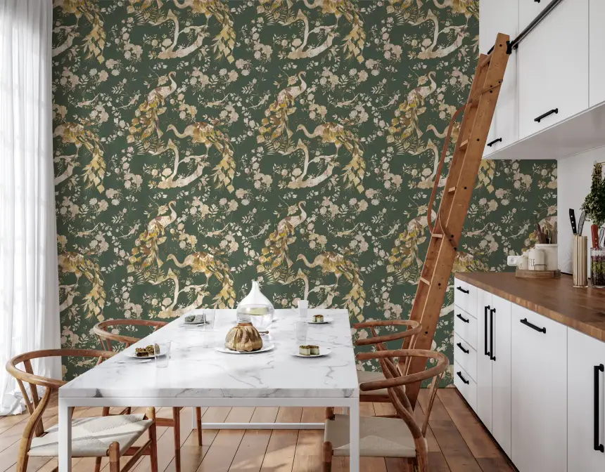 Olive Green Vintage Peacock Wallpaper