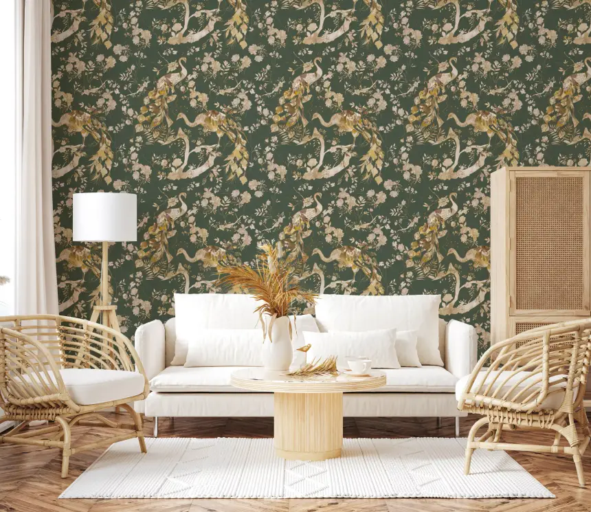Olive Green Vintage Peacock Wallpaper