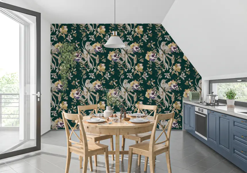 Navy Floral Bird Wallpaper