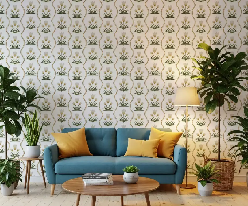 Earthen Floral Grace Symmetrical White Minimalist Florals Wallpaper