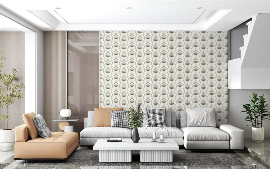 Earthen Floral Grace Symmetrical White Minimalist Florals Wallpaper