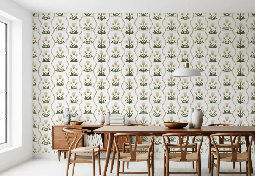 Earthen Floral Grace Symmetrical White Minimalist Florals Wallpaper
