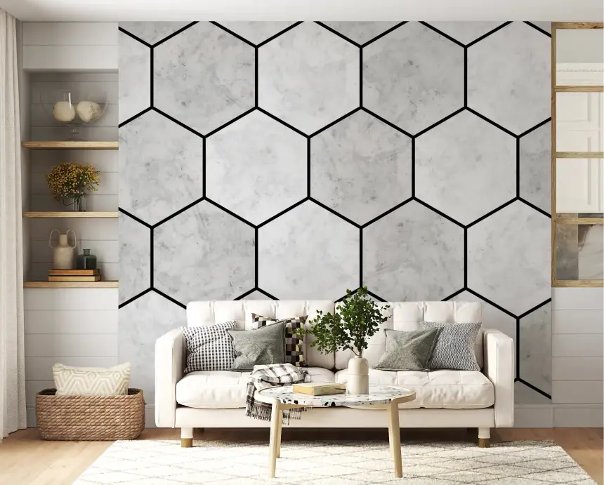 White Marble Hexagon Geometric Stone Pattern Wall Mural