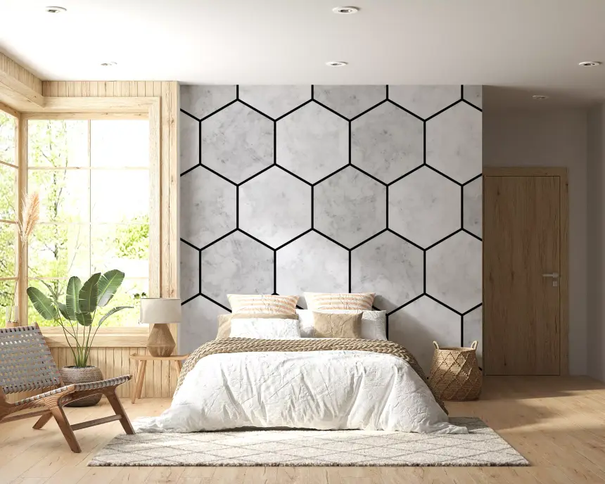 White Marble Hexagon Geometric Stone Pattern Wall Mural