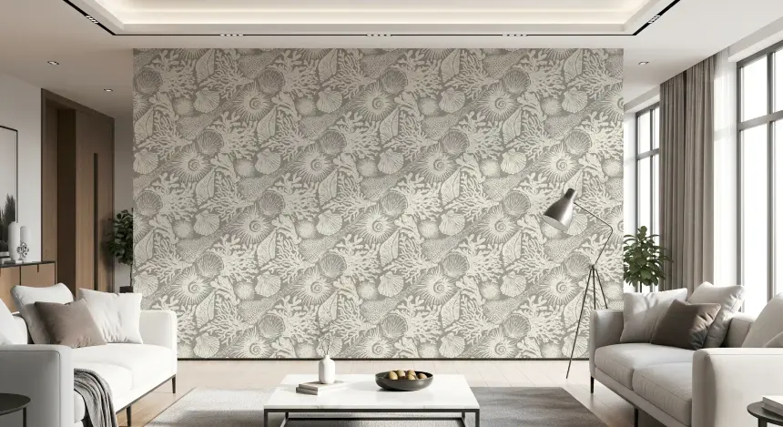Boho Seashell & Coral Gray Wallpaper