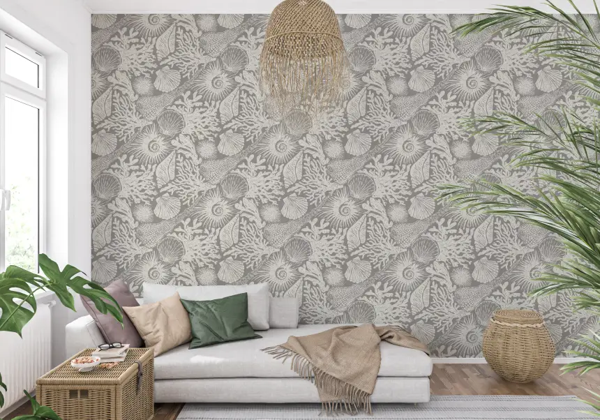 Boho Seashell & Coral Gray Wallpaper