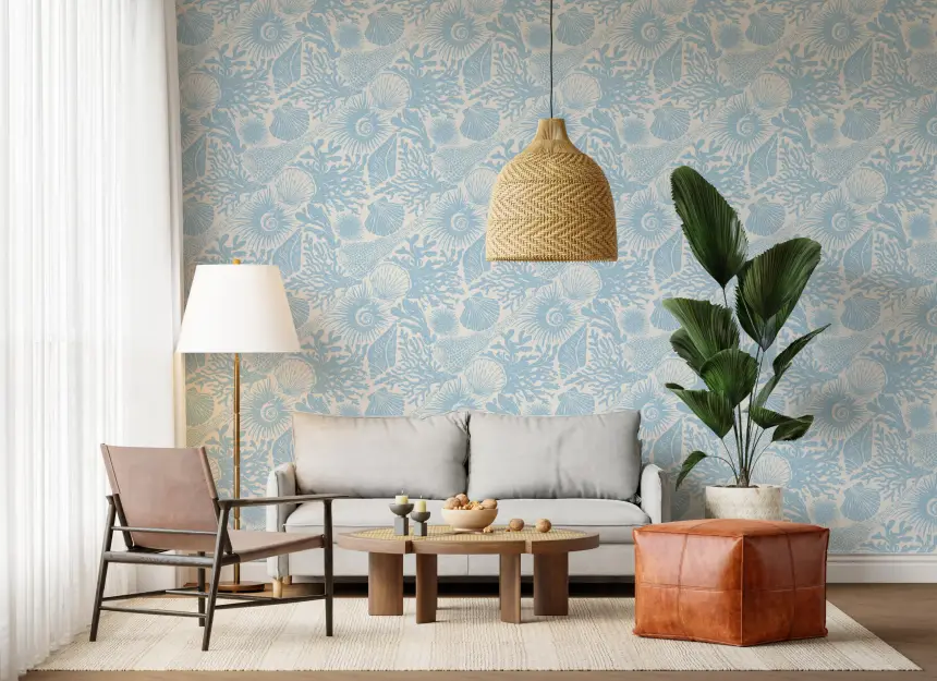 Boho Seashell & Coral Soft Blue Wallpaper