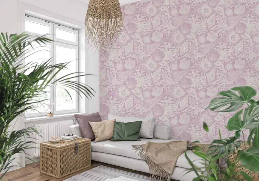 Boho Seashell & Coral Lavender Wallpaper