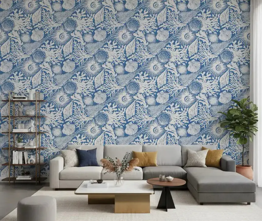 Boho Seashell & Coral Denim Blue Wallpaper