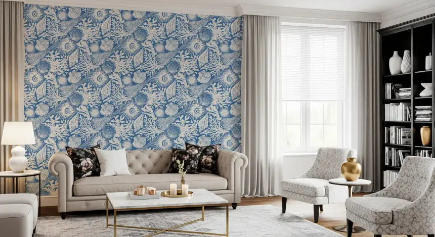 Boho Seashell & Coral Denim Blue Wallpaper