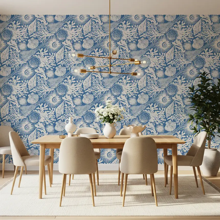 Boho Seashell & Coral Denim Blue Wallpaper