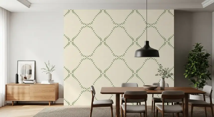 Beachy Boho Costal Green Dotted Lattice Wallpaper