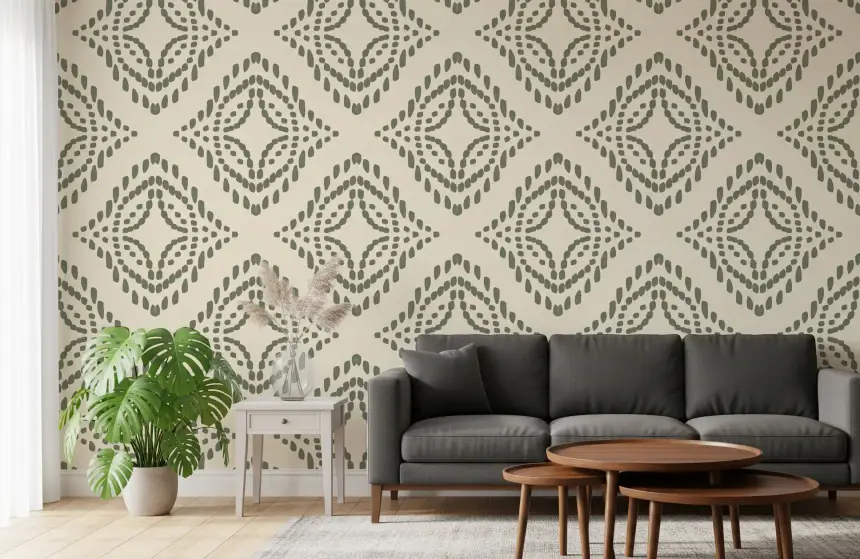 Block Print Ornament Palm Green Wallpaper