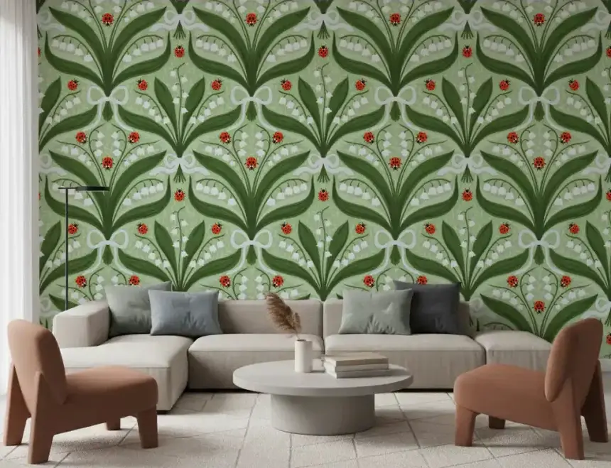 Lily of the Valley and Ladybugs Symmetry in Green, White and Red 2 Wallpaper