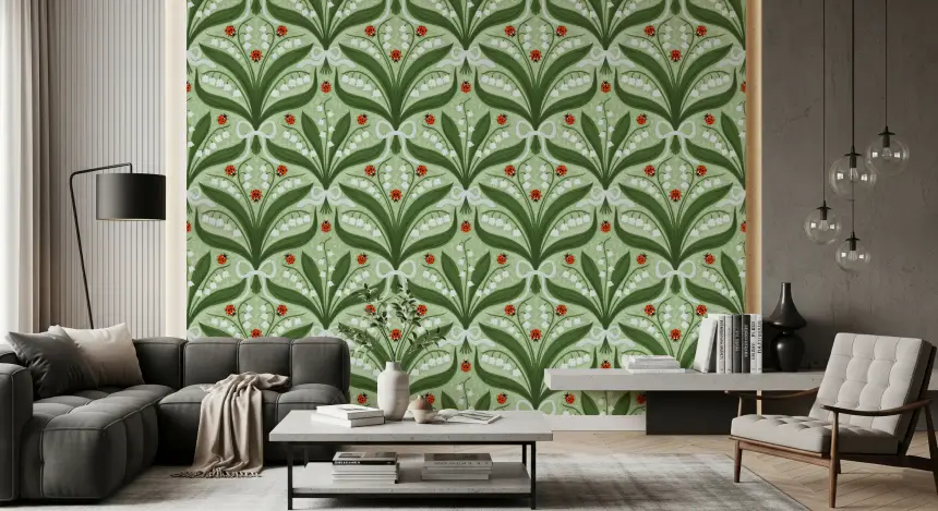 Lily of the Valley and Ladybugs Symmetry in Green, White and Red 2 Wallpaper