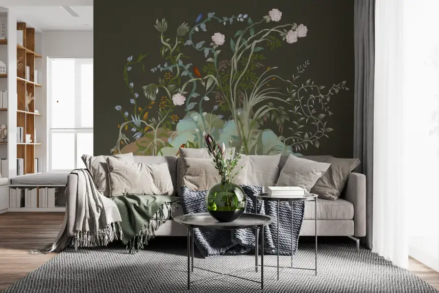 Verdant Vines & Garden Birds Chinoiserie Botanical Landscape Moody Wall Mural