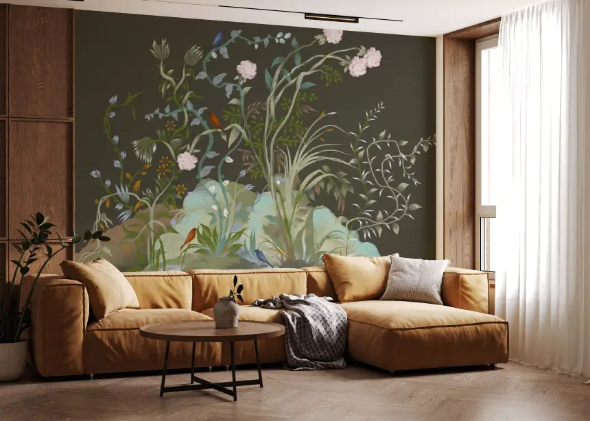 Verdant Vines & Garden Birds Chinoiserie Botanical Landscape Moody Wall Mural