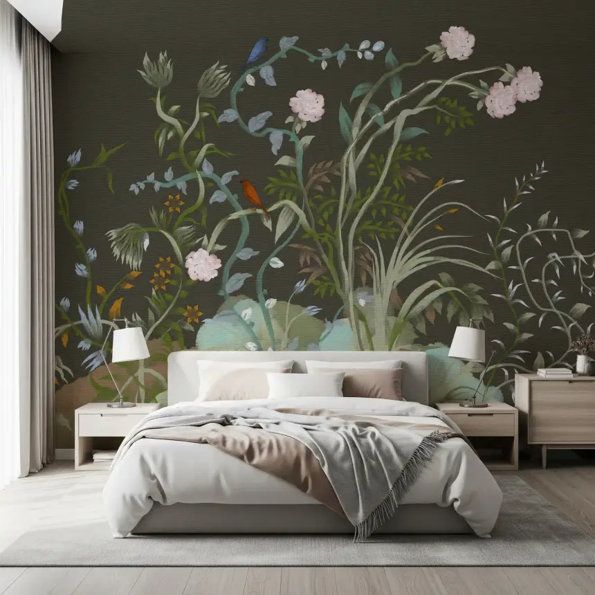 Verdant Vines & Garden Birds Chinoiserie Botanical Landscape Moody Wall Mural