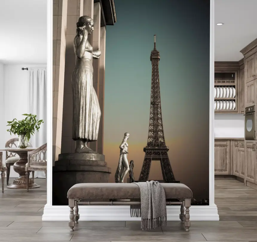 Parisian Grandeur: Statues & Eiffel Tower Wall Mural