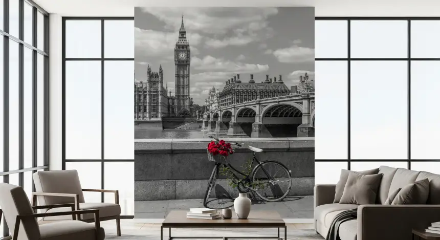 London Love: Monochrome & Red Roses Wall Mural