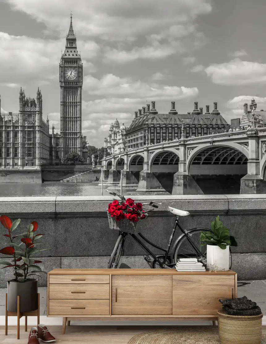 London Love: Monochrome & Red Roses Wall Mural