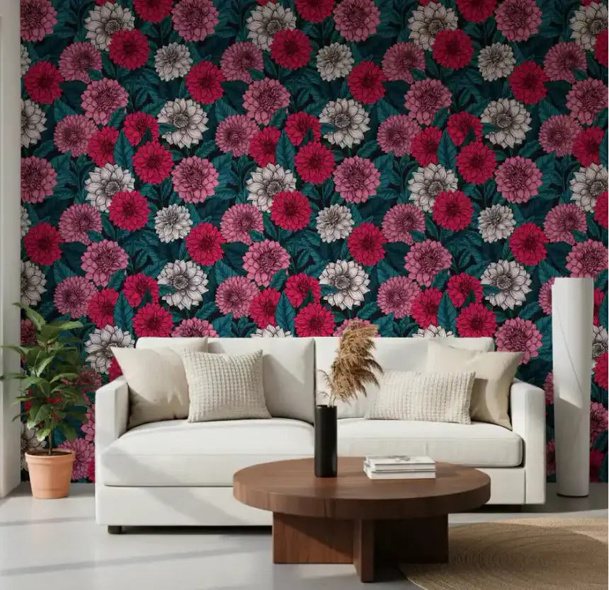 Dahlia Garden/Pink/Red and White Flowers/Blue Leaves Wallpaper