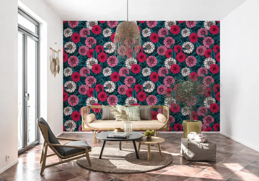 Dahlia Garden/Pink/Red and White Flowers/Blue Leaves Wallpaper