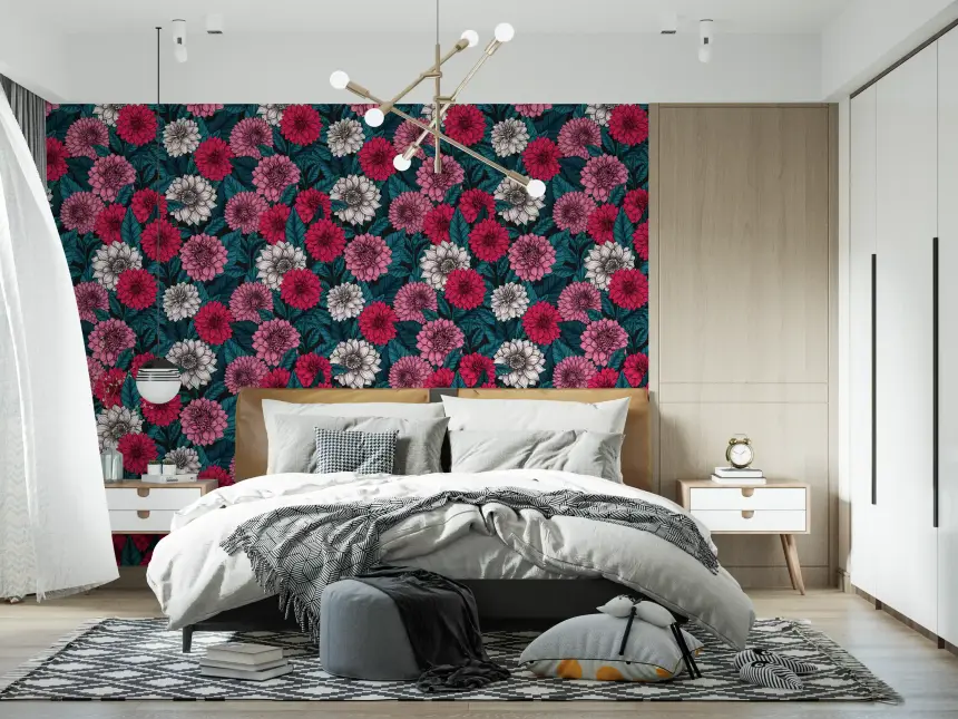 Dahlia Garden/Pink/Red and White Flowers/Blue Leaves Wallpaper