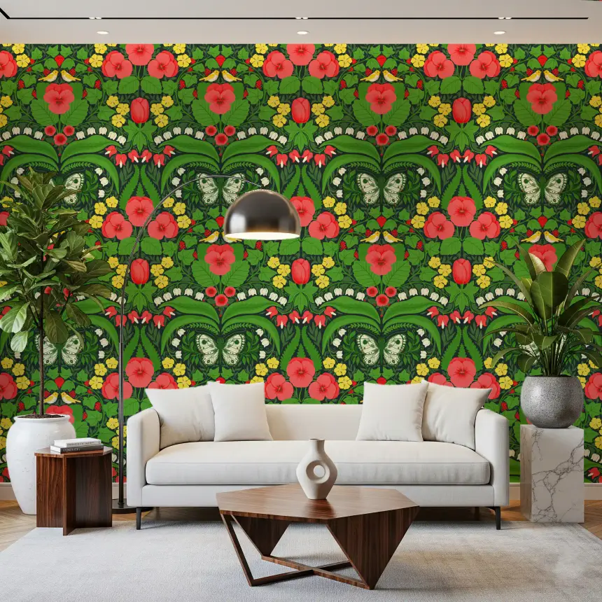 Dollhouse Garden, Pansies, Birds and Butterflies 2 Wallpaper