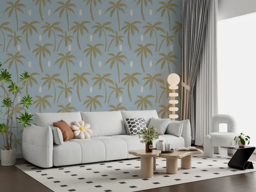 Soft Blue Palm Tree Wallpaper Boho Coastal Wallpaper