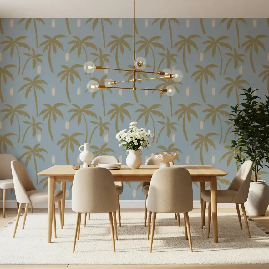 Soft Blue Palm Tree Wallpaper Boho Coastal Wallpaper
