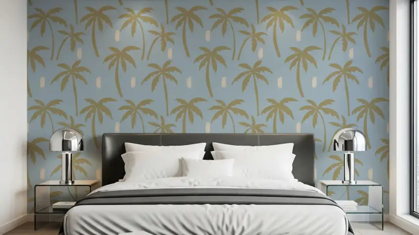 Soft Blue Palm Tree Wallpaper Boho Coastal Wallpaper