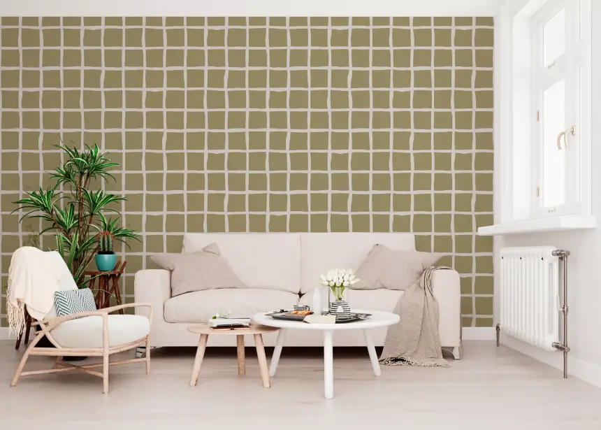 Olive Beige Green Grid Wallpaper Boho Coastal Wallpaper