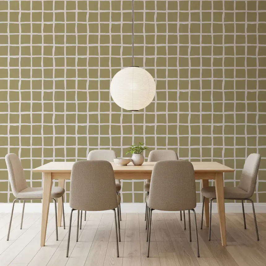 Olive Beige Green Grid Wallpaper Boho Coastal Wallpaper