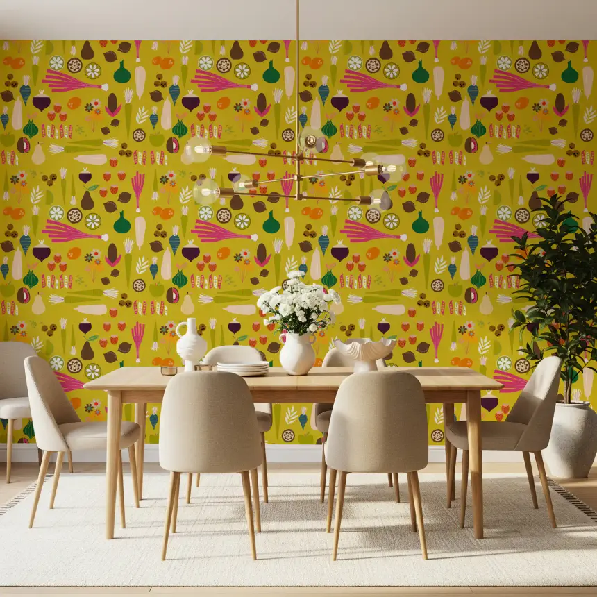 Mustard Vegetable Wallpaper Retro Kitchen Wallpaper