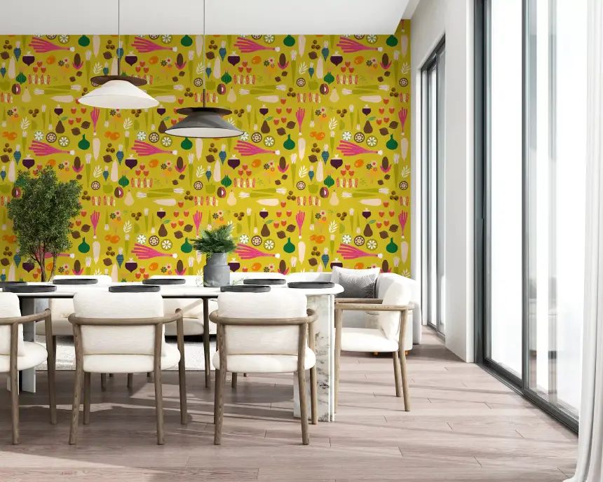 Mustard Vegetable Wallpaper Retro Kitchen Wallpaper