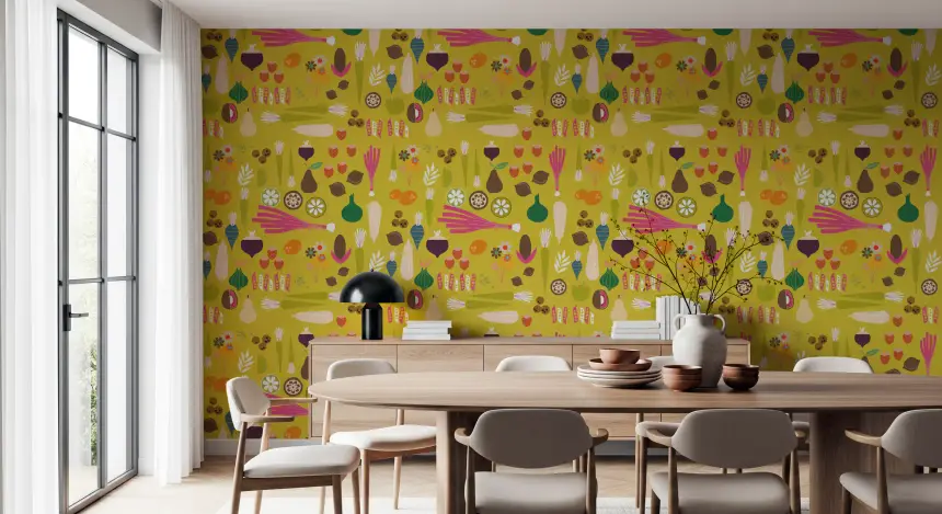Mustard Vegetable Wallpaper Retro Kitchen Wallpaper