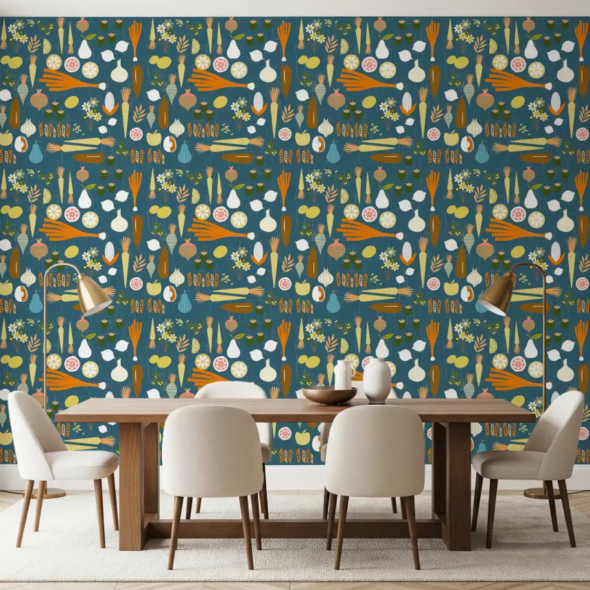 Teal Vegetable Wallpaper Retro Kitchen Wallpaper