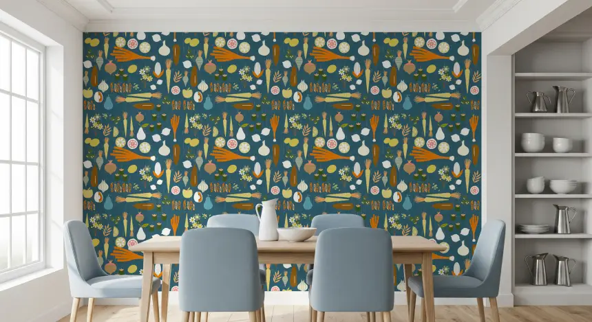 Teal Vegetable Wallpaper Retro Kitchen Wallpaper