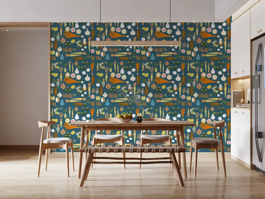 Teal Vegetable Wallpaper Retro Kitchen Wallpaper