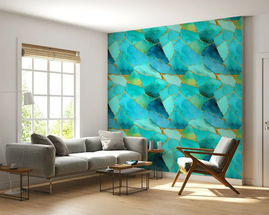 Aqua Gold Marble Mosaic Wallpaper
