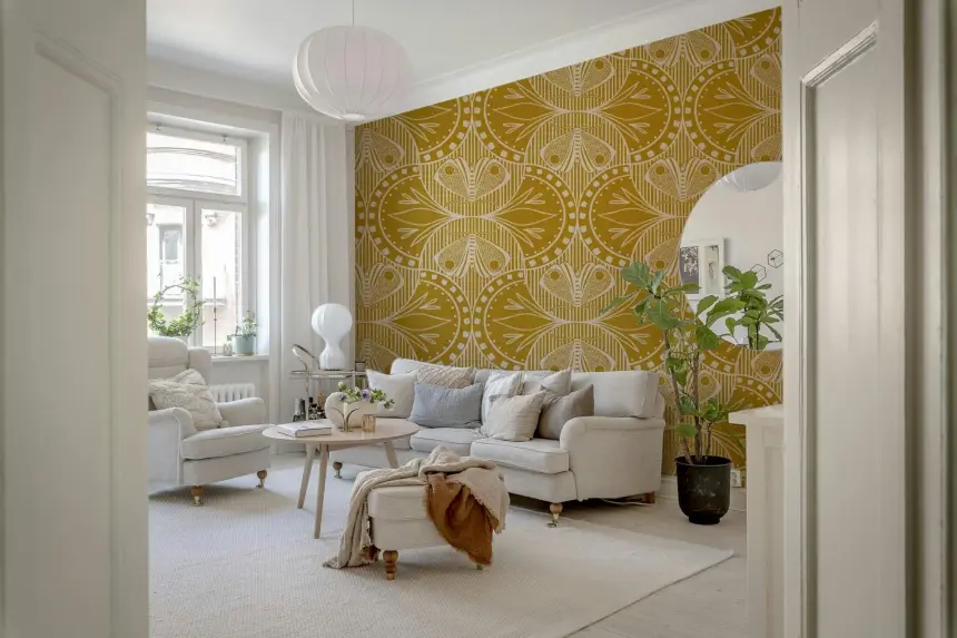 Art Nouveau Butterfly Floral Mustard Gold Wallpaper