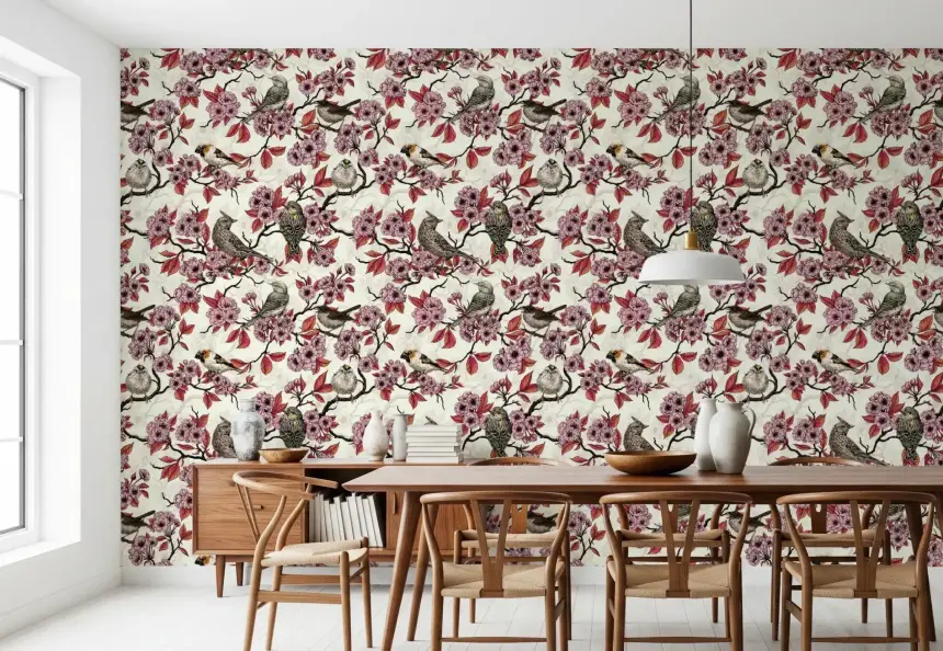 Birds and Cherry Blossom on Ivory Wallpaper
