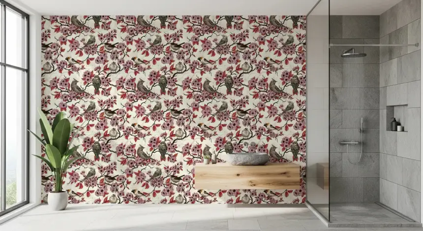 Birds and Cherry Blossom on Ivory Wallpaper